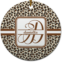 Leopard Print Round Ceramic Ornament w/ Name and Initial