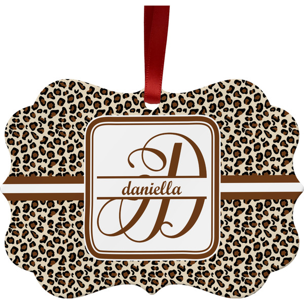 Custom Leopard Print Metal Frame Ornament - Double Sided w/ Name and Initial