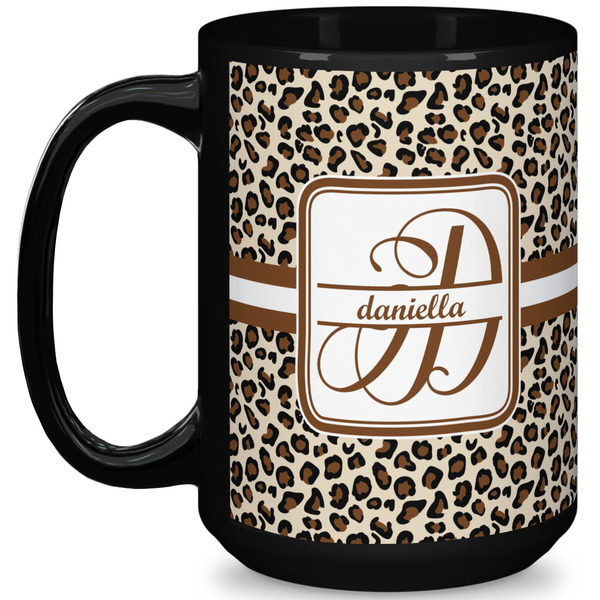 Custom Leopard Print 15 Oz Coffee Mug - Black (Personalized)