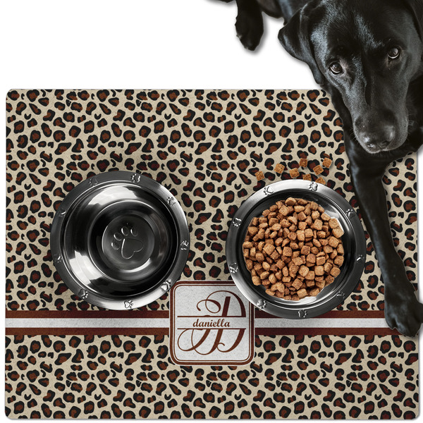 Custom Leopard Print Dog Food Mat - Large w/ Name and Initial