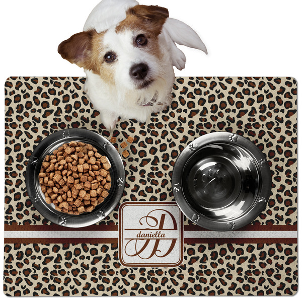 Custom Leopard Print Dog Food Mat - Medium w/ Name and Initial