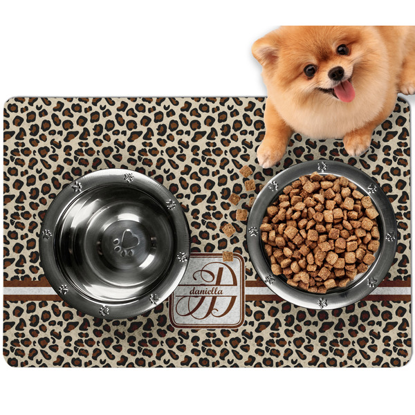 Custom Leopard Print Dog Food Mat - Small w/ Name and Initial