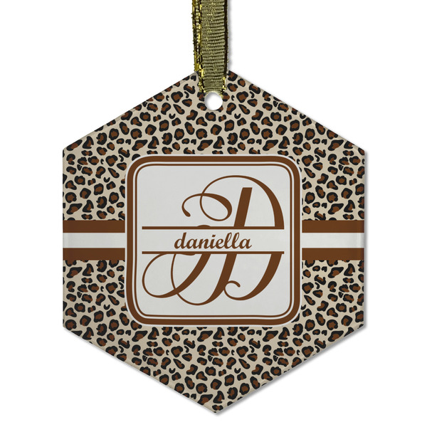 Custom Leopard Print Flat Glass Ornament - Hexagon w/ Name and Initial