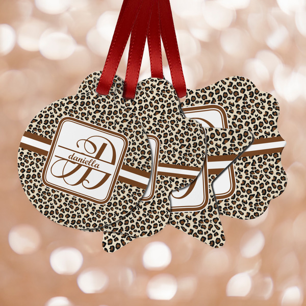 Custom Leopard Print Metal Ornaments - Double Sided w/ Name and Initial