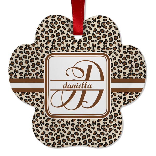 Custom Leopard Print Metal Paw Ornament - Double Sided w/ Name and Initial
