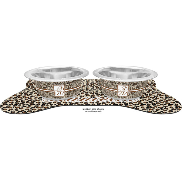 Leopard Print Metal Pet Bowls - On Dog Bone Shaped Mat