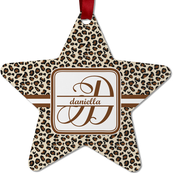 Custom Leopard Print Metal Star Ornament - Double Sided w/ Name and Initial
