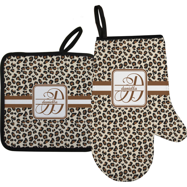 Custom Leopard Print Right Oven Mitt & Pot Holder Set w/ Name and Initial