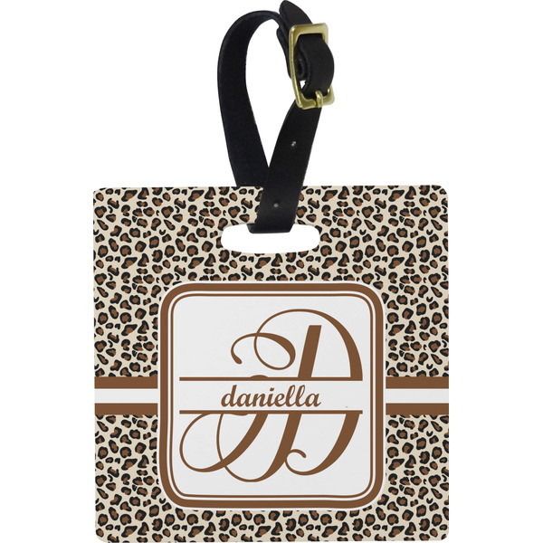 Custom Leopard Print Plastic Luggage Tag - Square w/ Name and Initial
