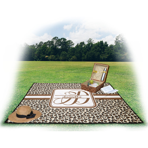 Leopard Print Picnic Blanket - with Basket Hat and Book - in Use