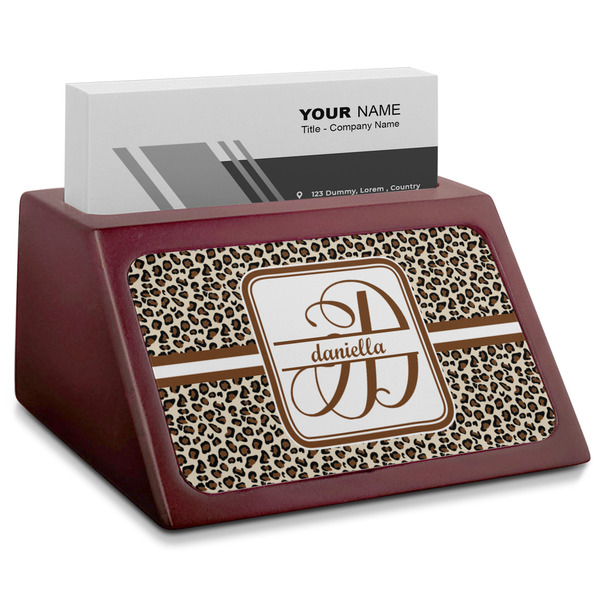 Custom Leopard Print Red Mahogany Business Card Holder (Personalized)