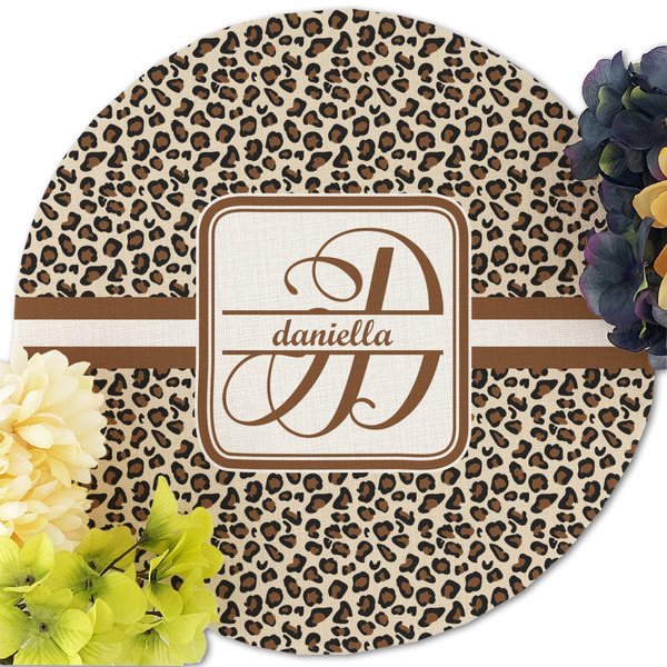 Leopard Print Round Linen Placemats - Front (w flowers)