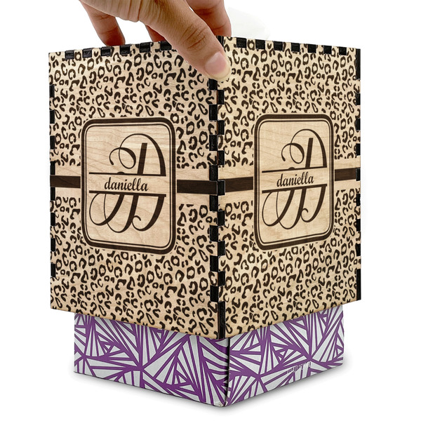 Leopard Print Square Tissue Box Covers - Wood - with box