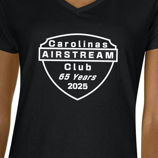 65th Anniversary of  the Carolina Airstream Club Black V-Neck T-Shirt on Model - CloseUp