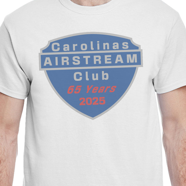 65th Anniversary of  the Carolina Airstream Club White Crew T-Shirt on Model - CloseUp