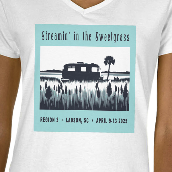 Region 3 - 2025 Rally White V-Neck T-Shirt on Model - CloseUp