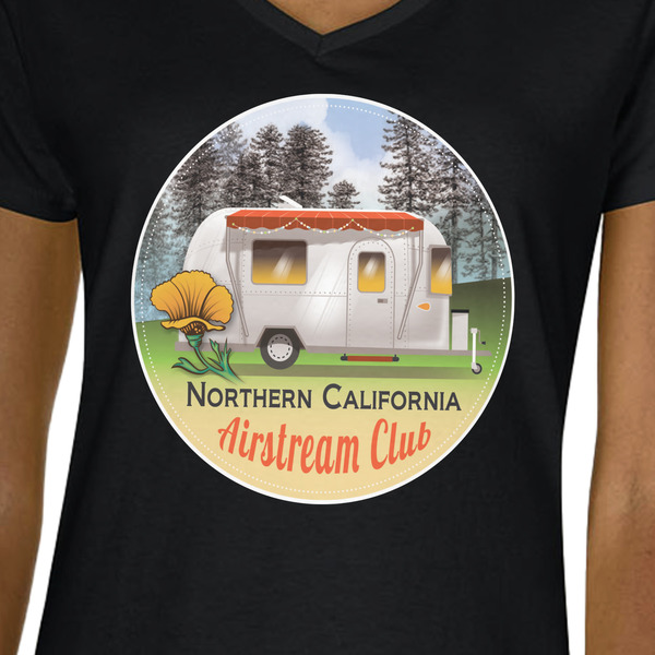 Northern California Airstream Club Black V-Neck T-Shirt on Model - CloseUp