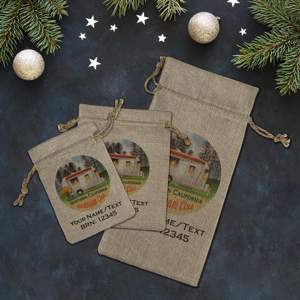 Northern California Airstream Club Burlap Gift Bags - LIFESTYLE (Flat lay)