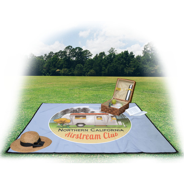 Northern California Airstream Club Picnic Blanket - with Basket Hat and Book - in Use