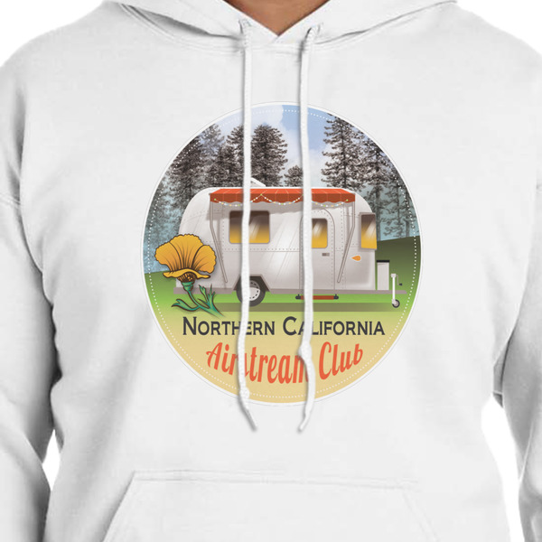 Northern California Airstream Club White Hoodie on Model - CloseUp