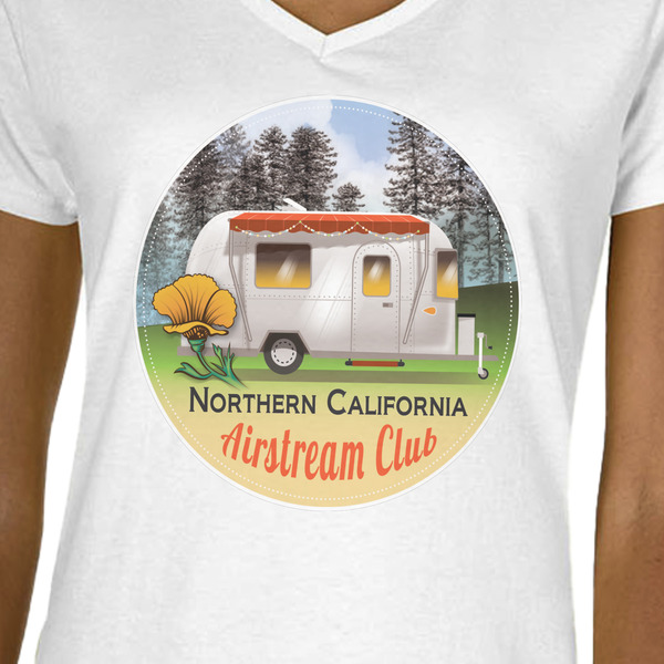 Northern California Airstream Club White V-Neck T-Shirt on Model - CloseUp