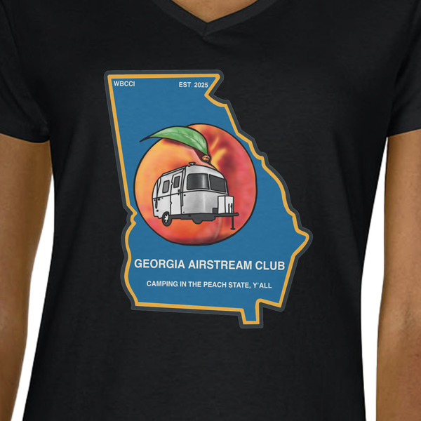Georgia Airstream Club Black V-Neck T-Shirt on Model - CloseUp