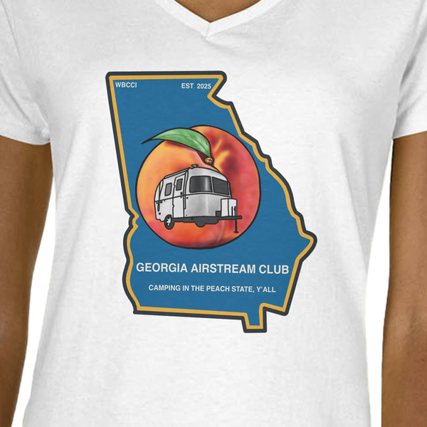 Georgia Airstream Club White V-Neck T-Shirt on Model - CloseUp