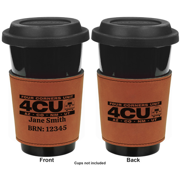 Four Corners Unit Cognac Leatherette Mug Sleeve - Double Sided Approval