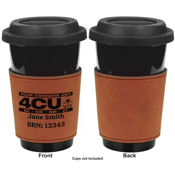 Four Corners Unit Cognac Leatherette Mug Sleeve - Single Sided Approval