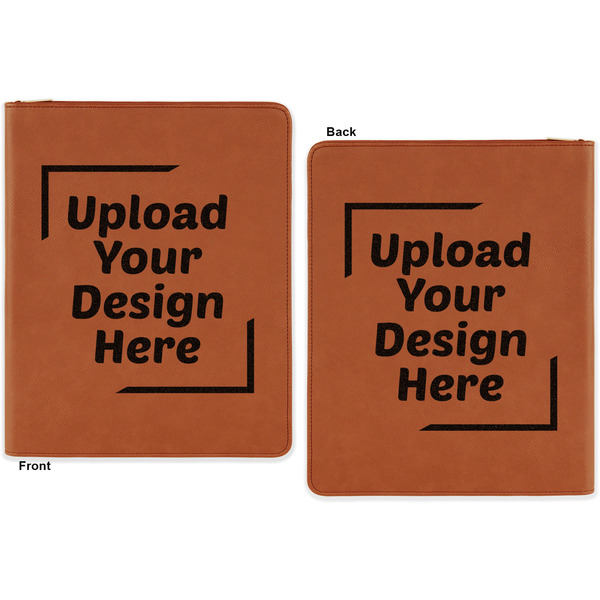 Upload Your Own Cognac Leatherette Zipper Portfolios with Notepad - Double Sided - Apvl