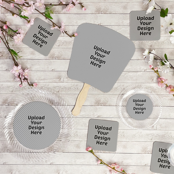 Upload Your Own Party Supplies Combination Image - All items - Plates, Coasters, Fans