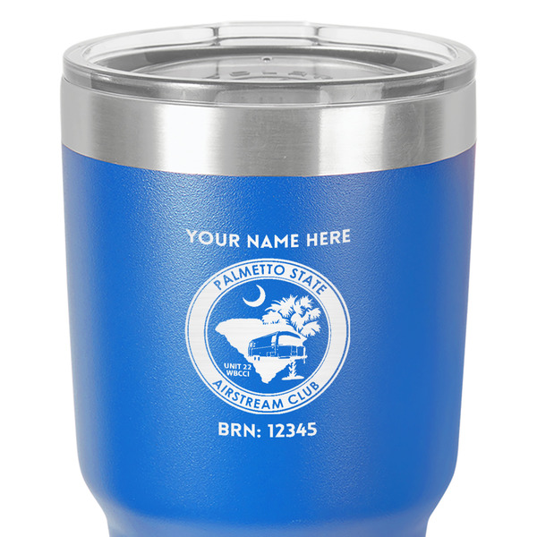 Palmetto State Airstream Club Logo 30 oz Stainless Steel Ringneck Tumbler - Blue - Close Up