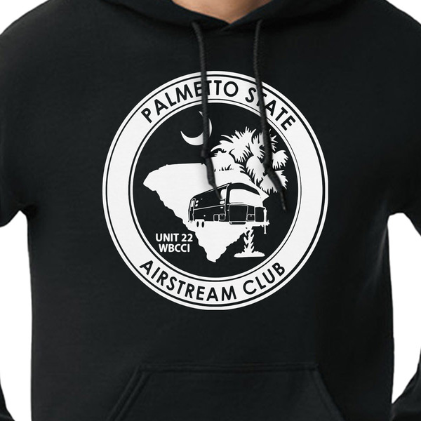 Palmetto State Airstream Club Logo Black Hoodie on Model - CloseUp