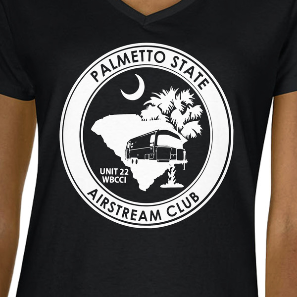 Palmetto State Airstream Club Logo Black V-Neck T-Shirt on Model - CloseUp