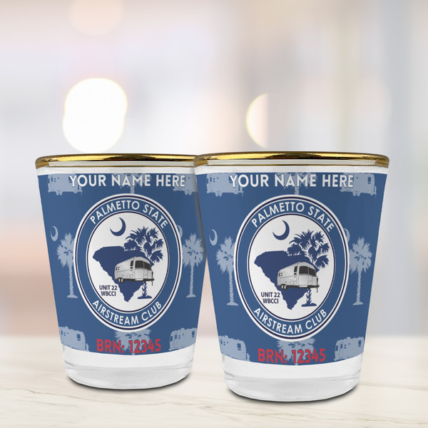 Palmetto State Airstream Club Logo Glass Shot Glass - Gold Rim - Lifestyle