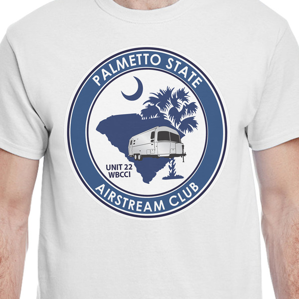 Palmetto State Airstream Club Logo White Crew T-Shirt on Model - CloseUp