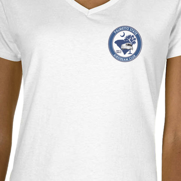 Palmetto State Airstream Club Logo White V-Neck T-Shirt on Model - CloseUp