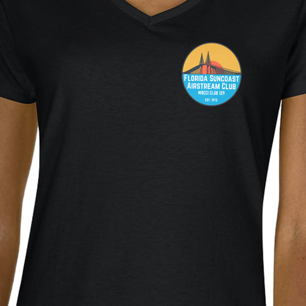 Florida Suncoast Airstream Club Black V-Neck T-Shirt on Model - CloseUp