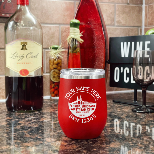 Florida Suncoast Airstream Club Stainless Wine Tumblers - Red - Double Sided - In Context