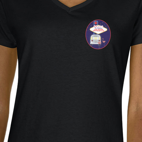 Las Vegas Airstream Club Black V-Neck T-Shirt on Model - CloseUp