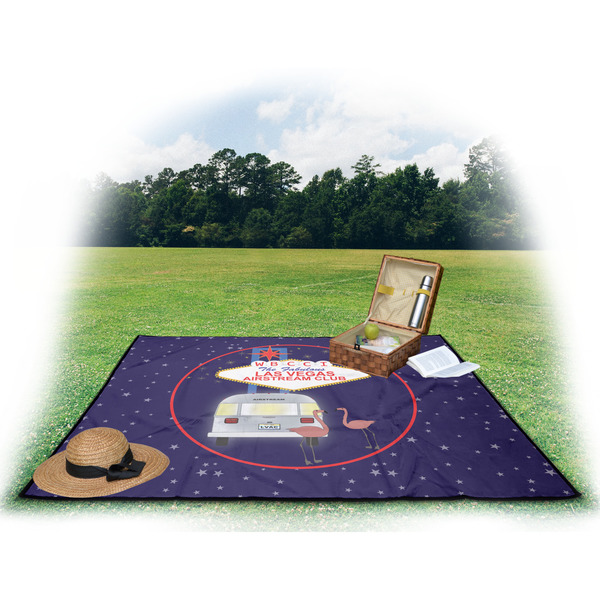 Las Vegas Airstream Club Picnic Blanket - with Basket Hat and Book - in Use