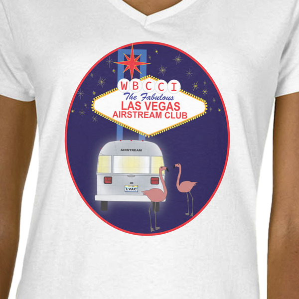 Las Vegas Airstream Club White V-Neck T-Shirt on Model - CloseUp