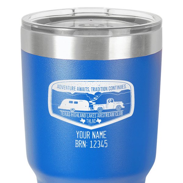 Texas Highland Lakes Airstream Club Logo 30 oz Stainless Steel Ringneck Tumbler - Blue - Close Up