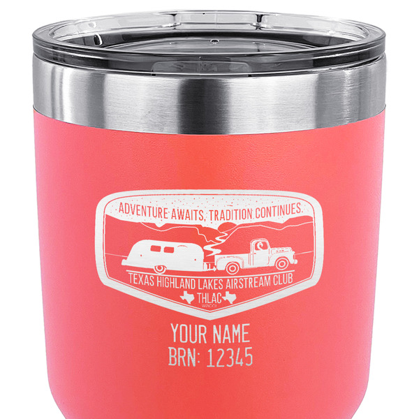 Texas Highland Lakes Airstream Club Logo 30 oz Stainless Steel Ringneck Tumbler - Coral - CLOSE UP