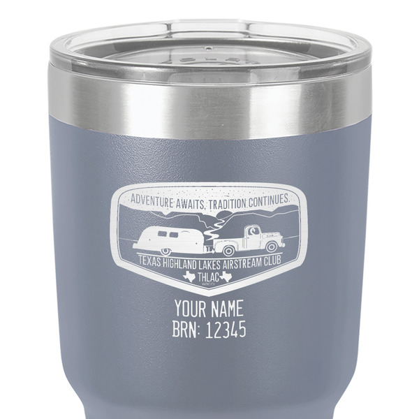 Texas Highland Lakes Airstream Club Logo 30 oz Stainless Steel Ringneck Tumbler - Grey - Close Up