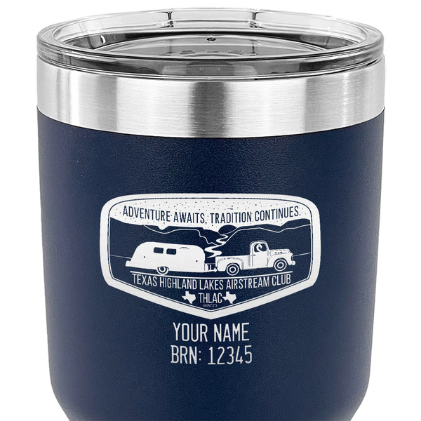 Texas Highland Lakes Airstream Club Logo 30 oz Stainless Steel Ringneck Tumbler - Navy - CLOSE UP