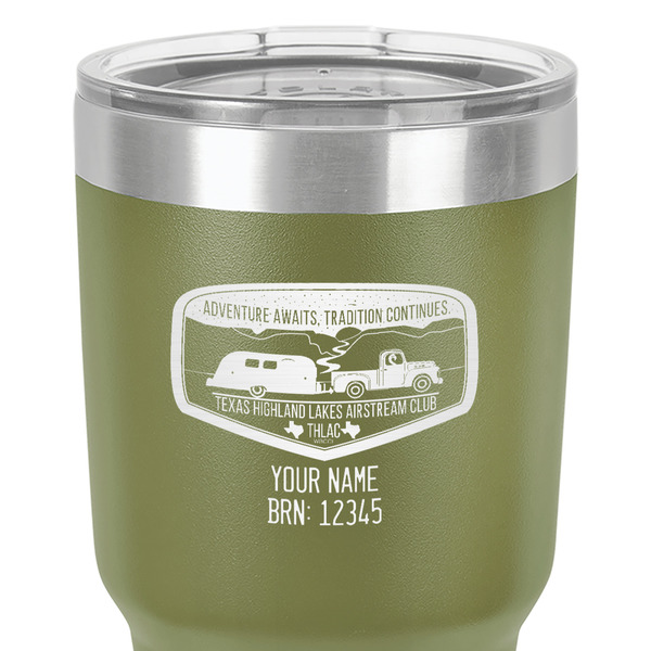 Texas Highland Lakes Airstream Club Logo 30 oz Stainless Steel Ringneck Tumbler - Olive - Close Up