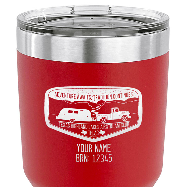 Texas Highland Lakes Airstream Club Logo 30 oz Stainless Steel Ringneck Tumbler - Red - CLOSE UP