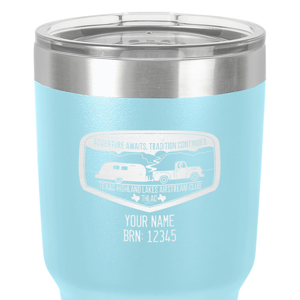 Texas Highland Lakes Airstream Club Logo 30 oz Stainless Steel Ringneck Tumbler - Teal - Close Up