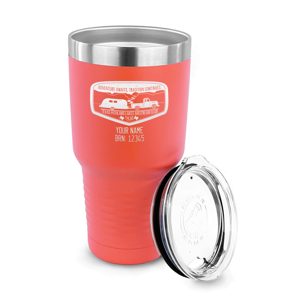 Texas Highland Lakes Airstream Club Logo 30 oz Stainless Steel Ringneck Tumblers - Coral - LID OFF